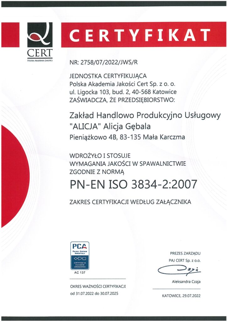 Wymagania jakości w spawalnictwie zgodne z normą PN-EN ISO 3834-2:2007