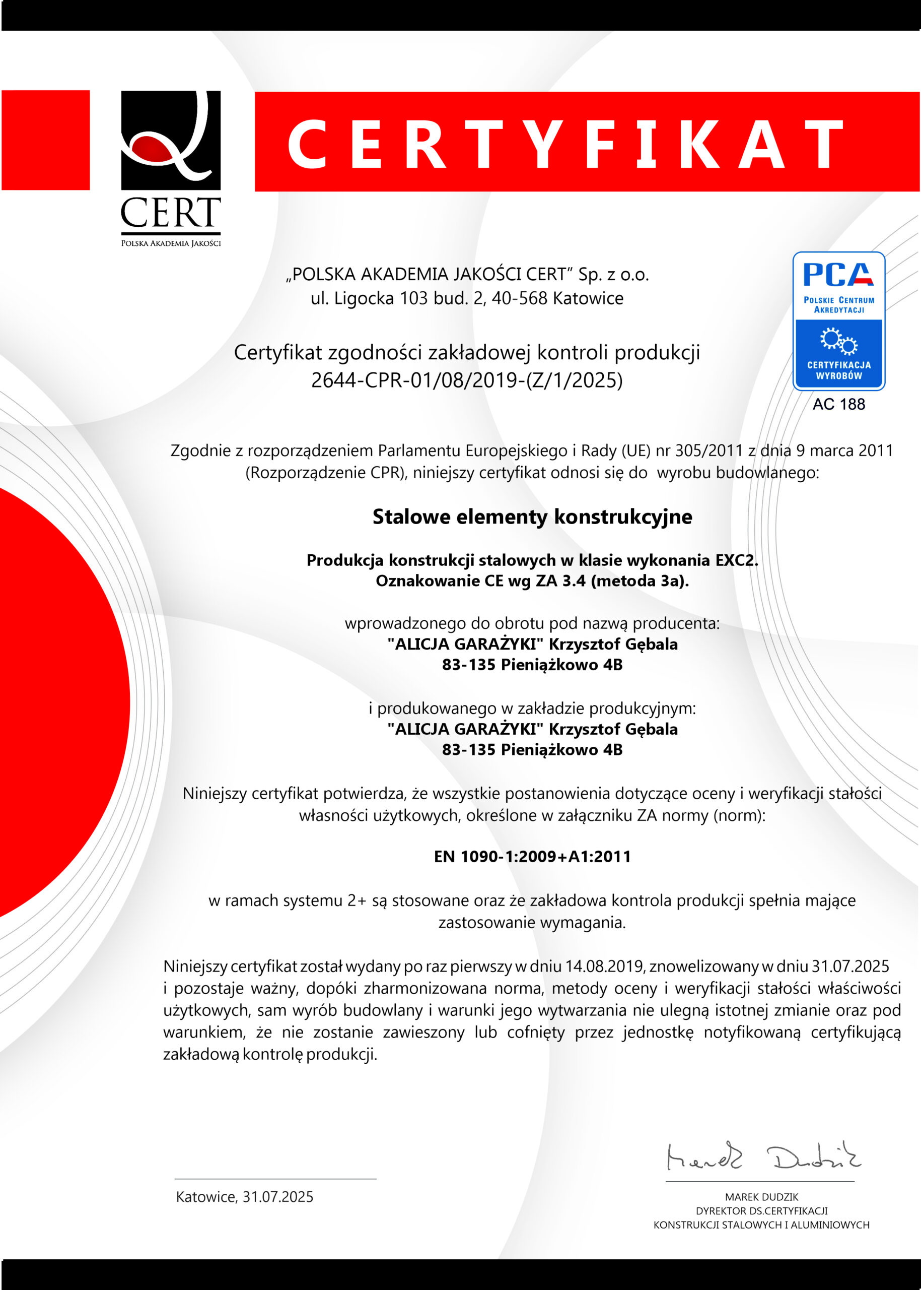 Certyfikat zgodności zakładowej kontroli produkcji