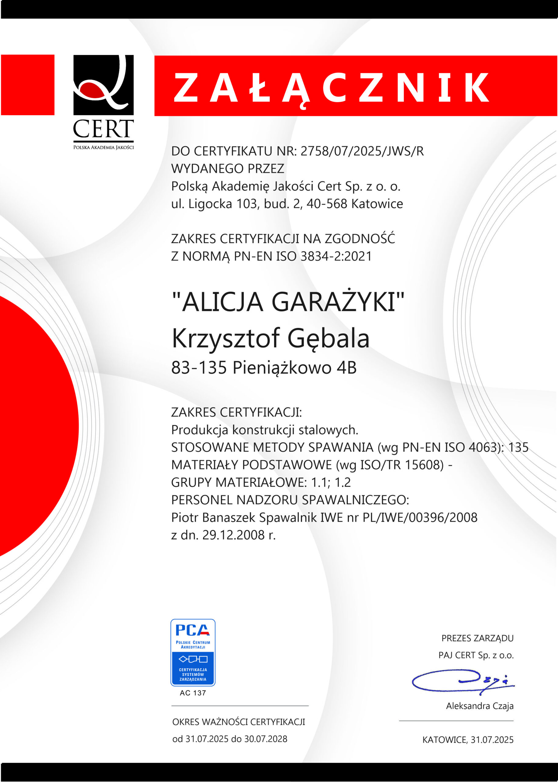 Certyfikat zgodności zakładowej kontroli produkcji